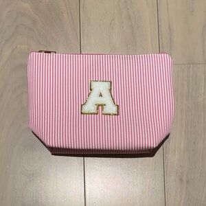 Pink Striped Makeup Bag with Letter A Patch